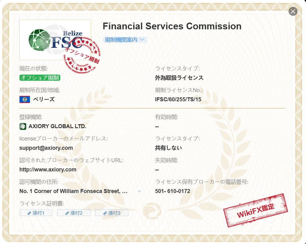 AXIORYの取得済ライセンス・ベリーズ国際金融サービス委員会IFSCの詳細